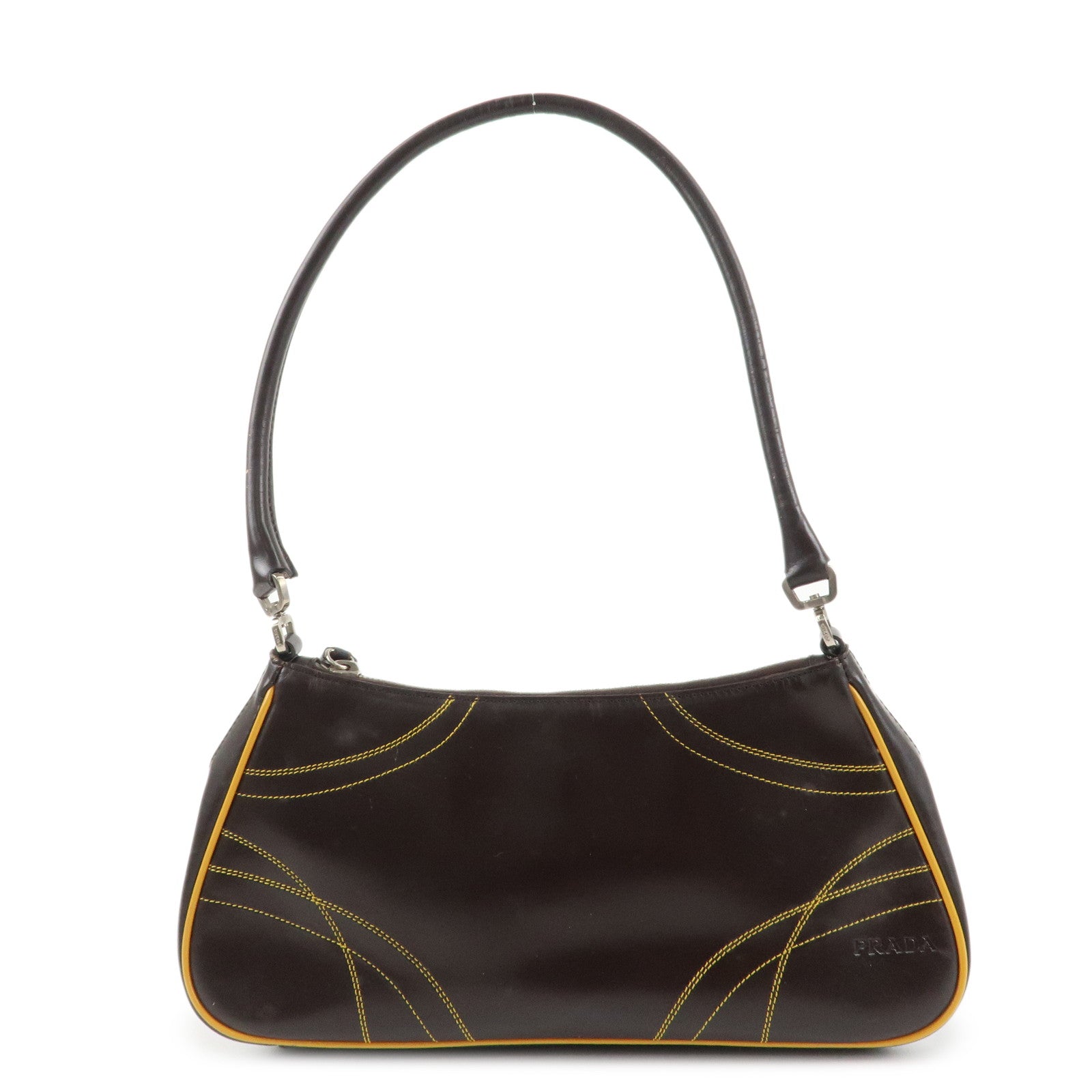 PRADA Logo Leather Shoulder Bag Hand Bag Brown Yellow B11055 Used