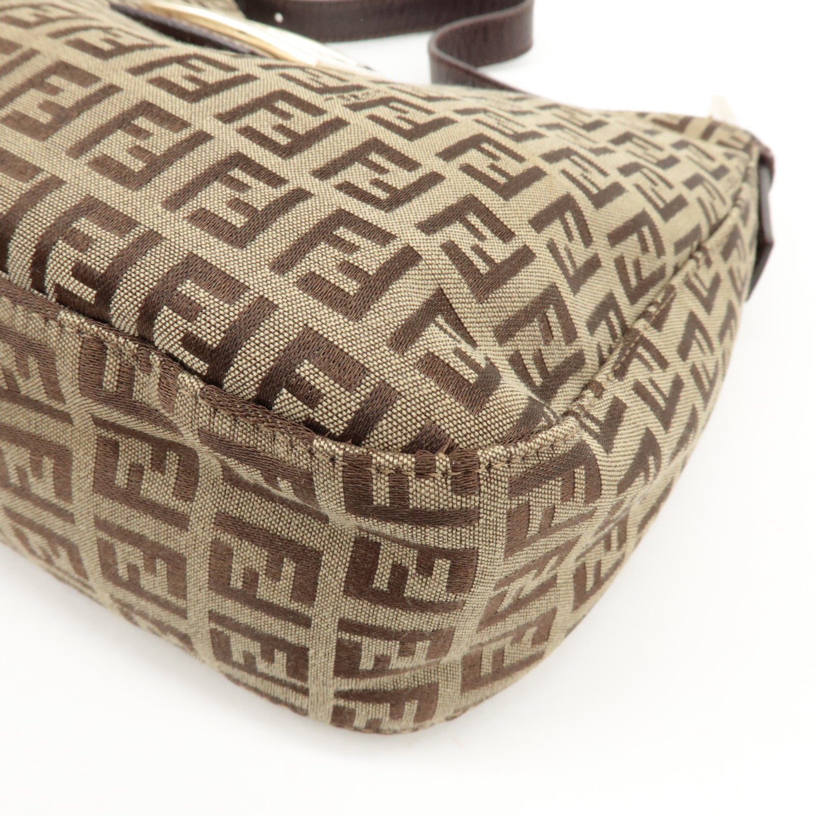 FENDI Zucchino Canvas Leather Shoulder Bag Beige Brown 8BR036 Used