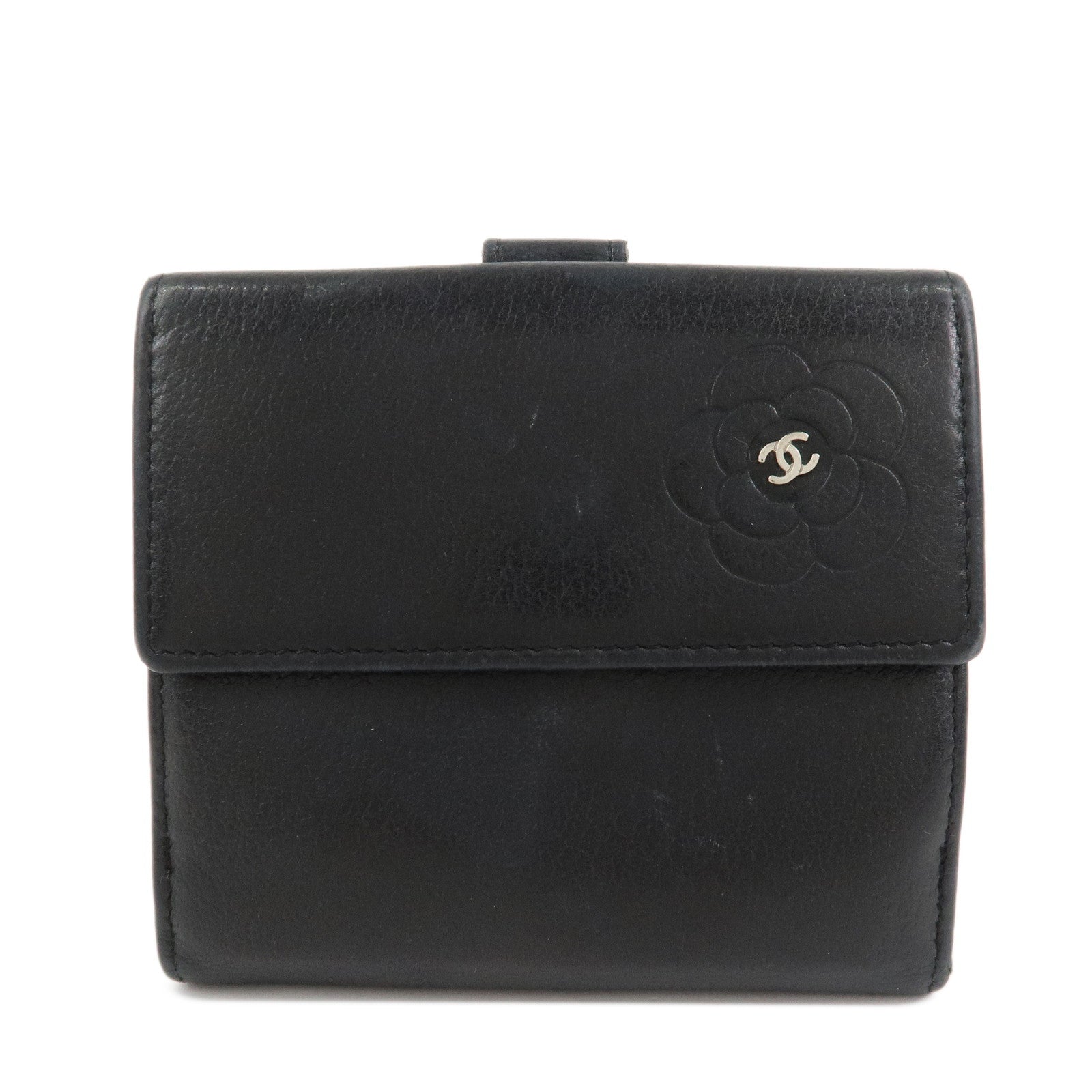 CHANEL COCO Mark Camelia Leather Bi-fold Compact Wallet Black