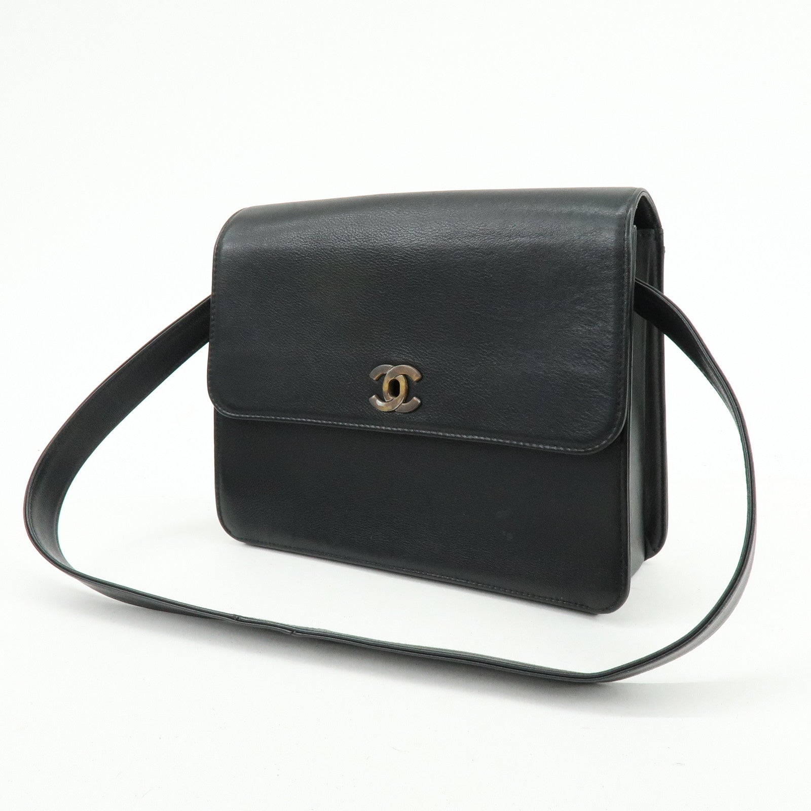 CHANEL Calf Leather Shoulder Bag Black