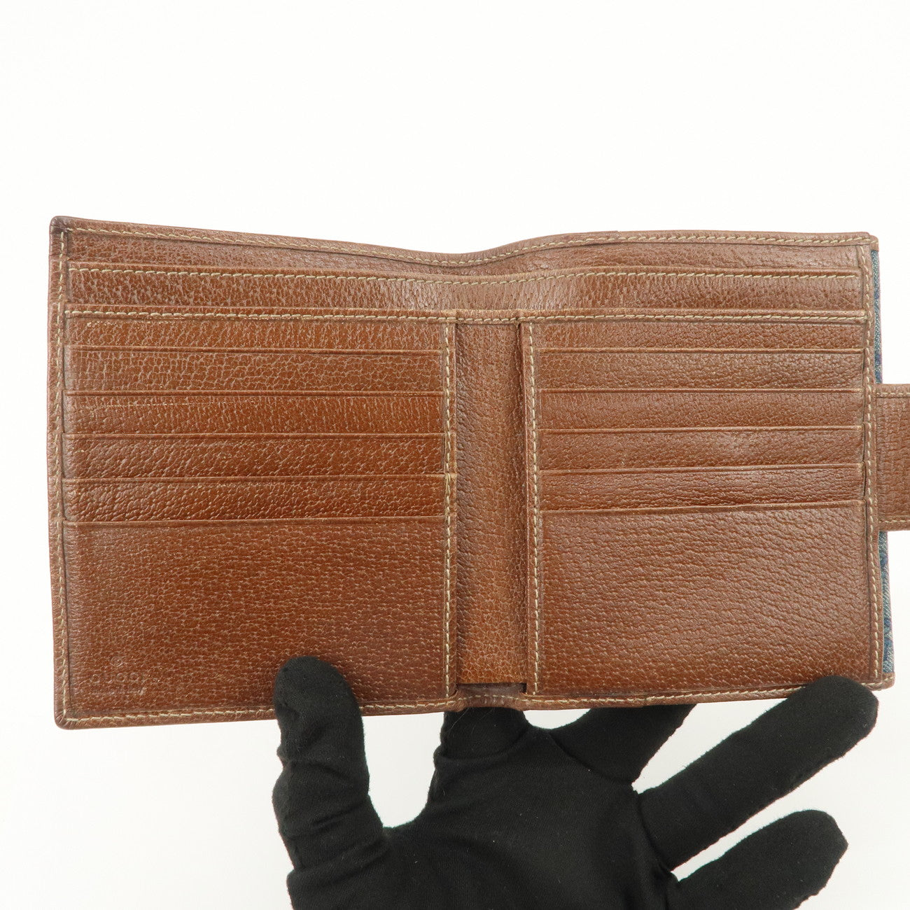 GUCCI Denim Leather Bi-Fold Compact Wallet Blue Brown