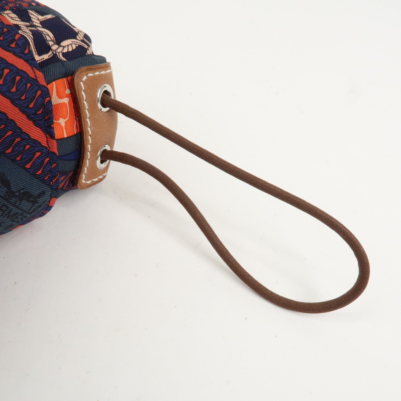 HERMES Fourbi 25 Silk Leather Drawstring Hand Bag Pouch Orange Navy