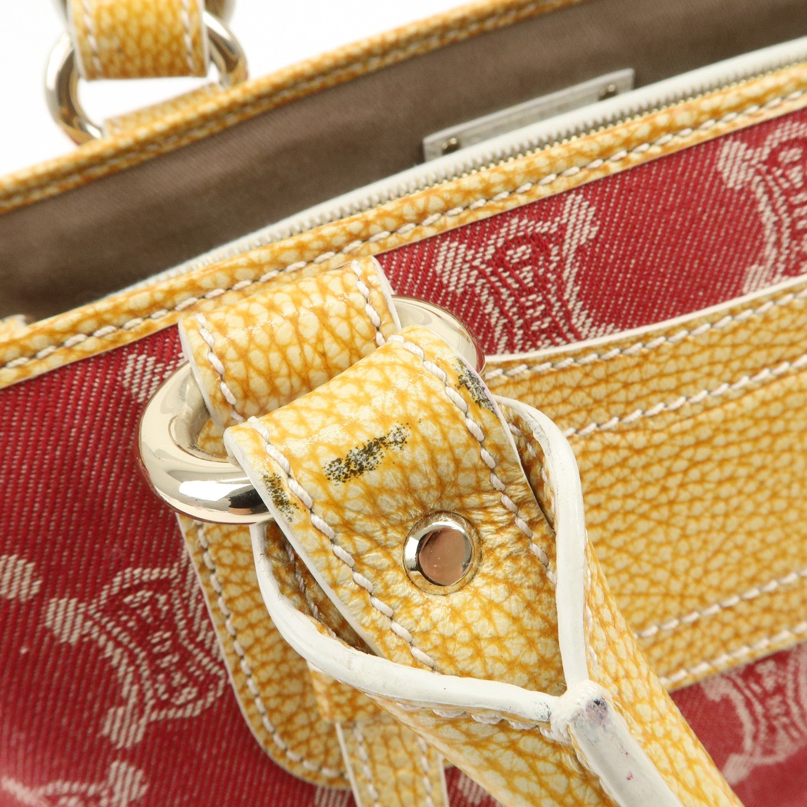 CELINE Macadam Boogie Canvas Leather Hand Bag Red Beige