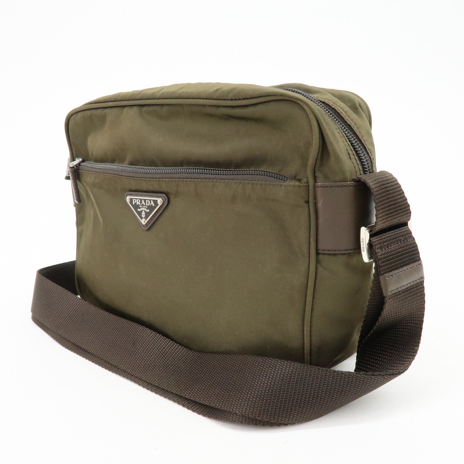 PRADA Triangle Logo Nylon Shoulder Crossbody Bag Khaki Brown BT0166