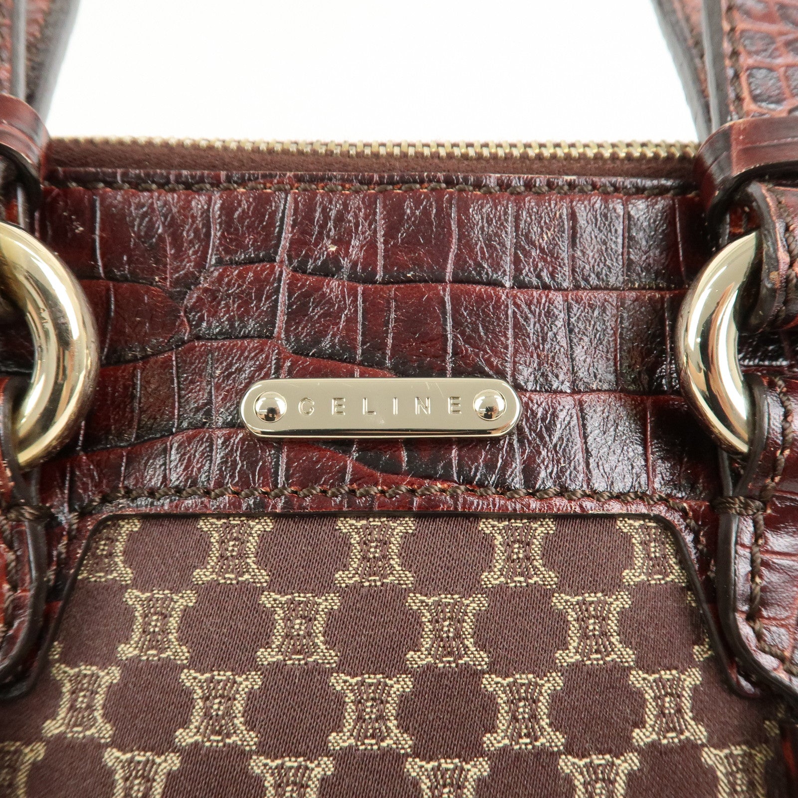 CELINE Macadam Canvas Emboss Leather 2 Way Bag Hand Bag Brown