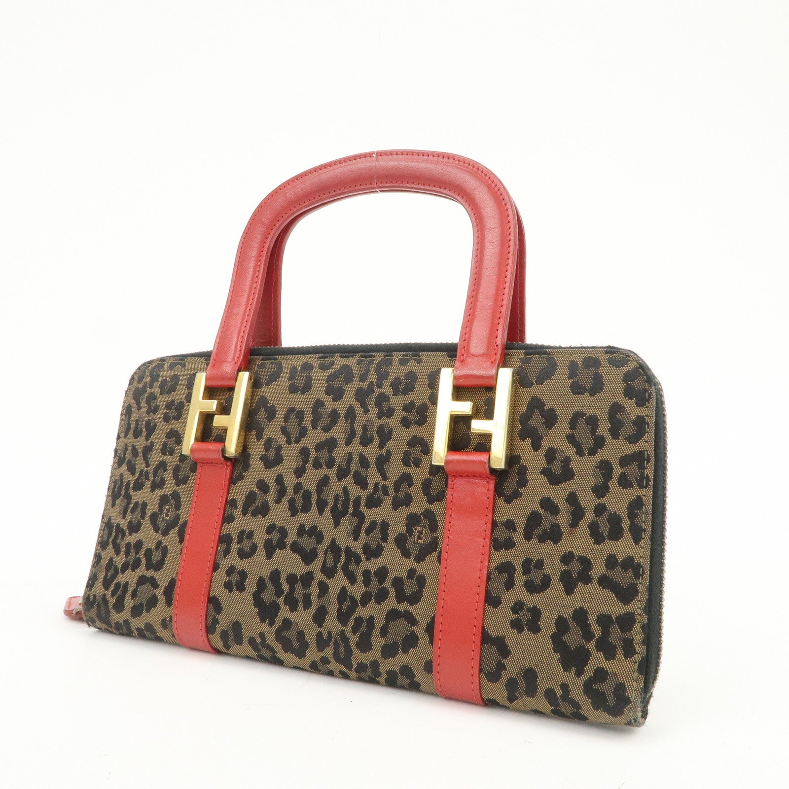 FENDI Logo Canvas Leather Hand Bag Leopard Red 26347