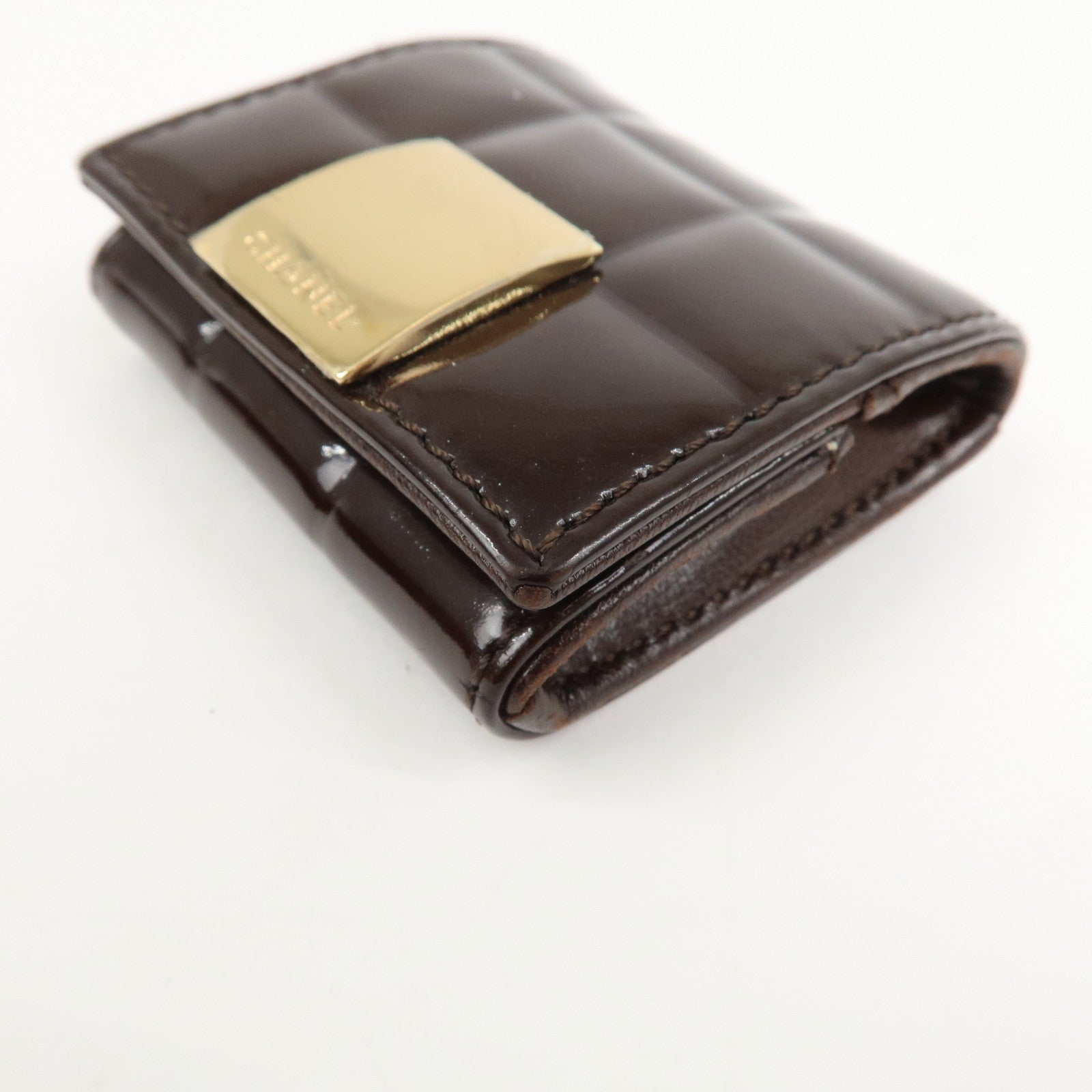 CHANEL Chocolate Bar Patent Leather Coin Case Coin Purse Brown