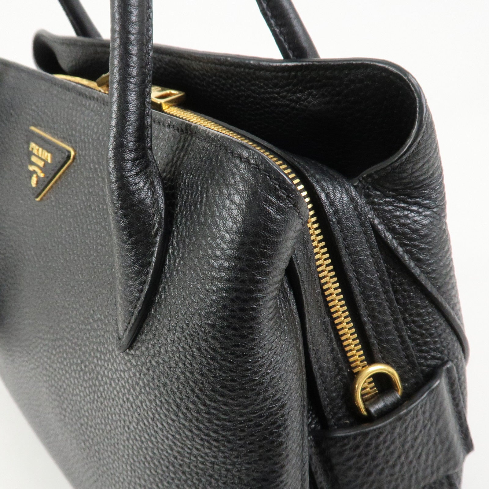 PRADA Triangle Logo Leather 2 Way Bag Hand Bag Black 1BA127