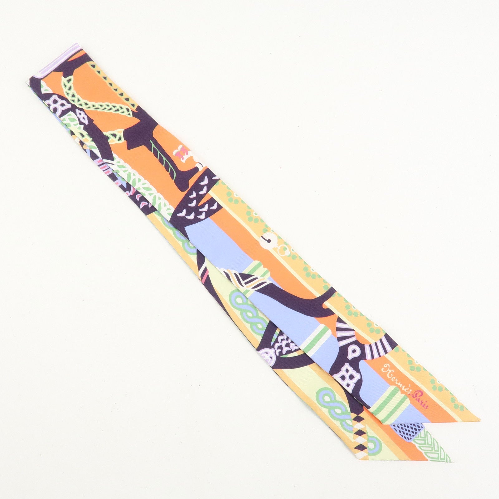 HERMES Twilly Silk 100% Scarf Fantaisie d'Etriers Orange Blue