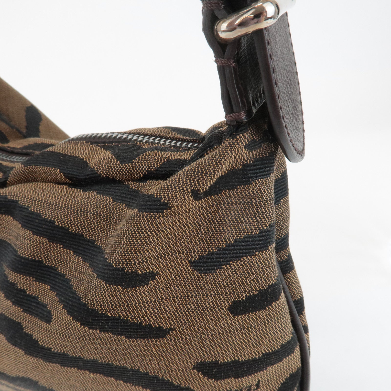 FENDI Zebra Leather Canvas Shoulder Bag Hand Bag Black Brown Used