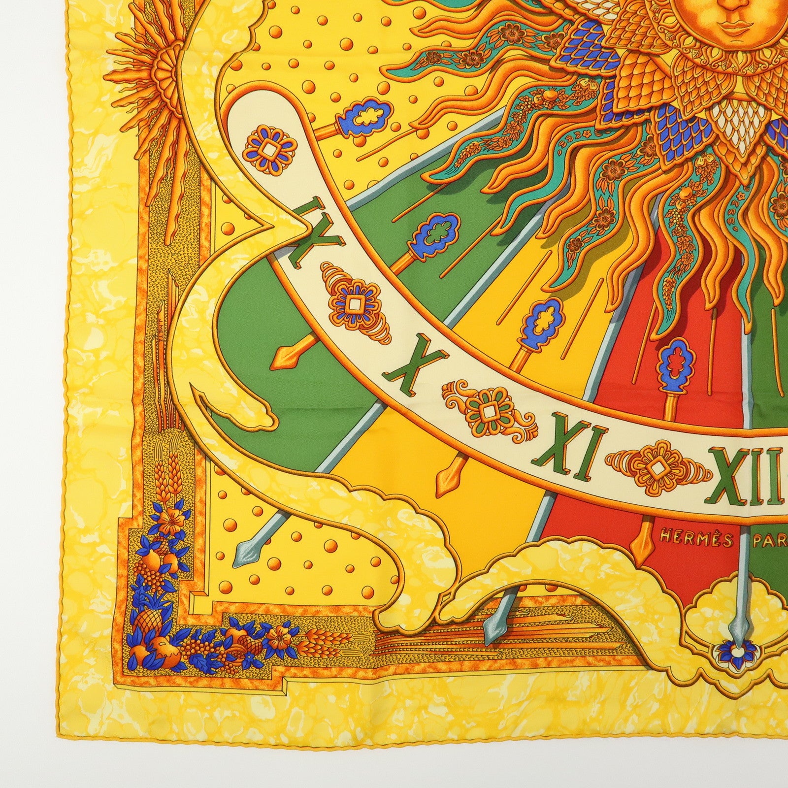 HERMES Carre 90 Silk 100% Scarf GLORIA SOLI Yellow Green Orange
