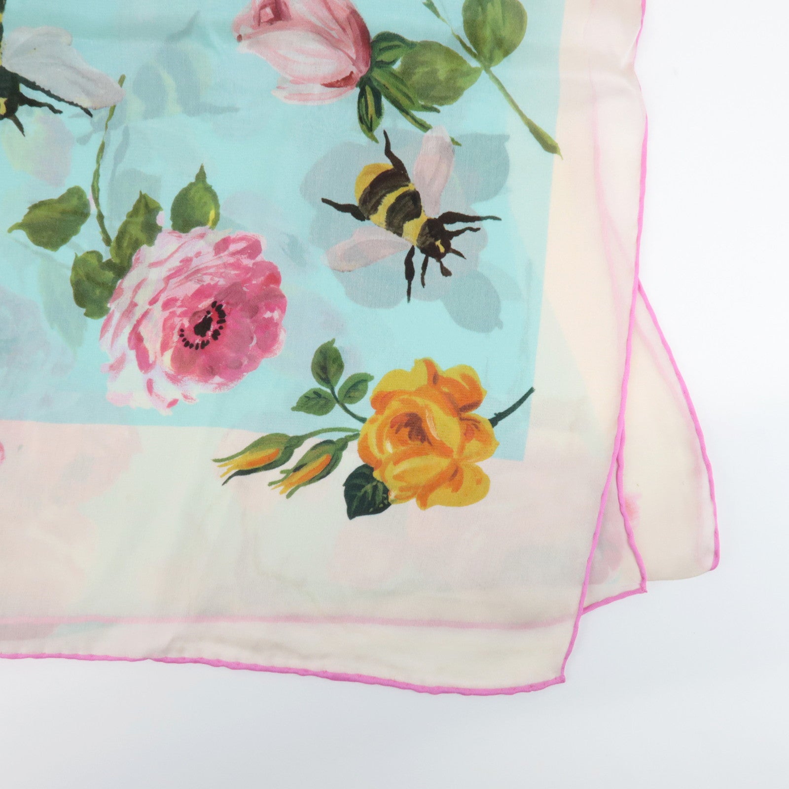 GUCCI Silk 100% 64 ×192 Floral Honey Bee Print Scarf Blue