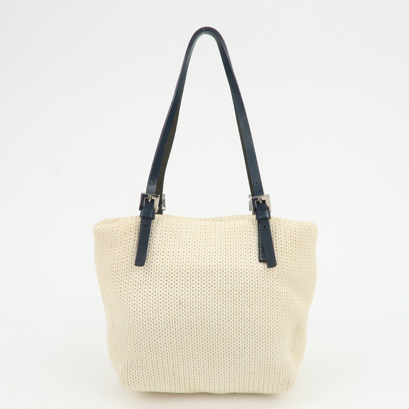 FENDI Logo Wool Leather Hand Bag Shoulder Bag Ivory Navy 26731