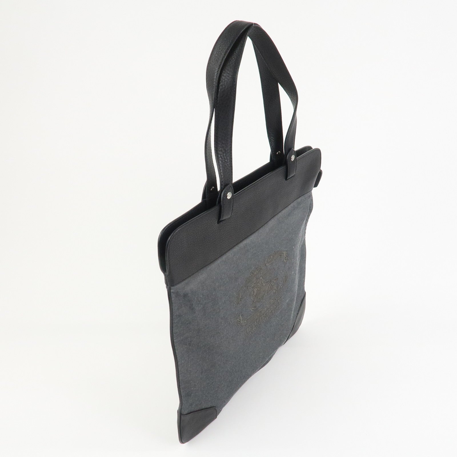 BURBERRY Logo Leather Canvas Tote Bag Black Grey