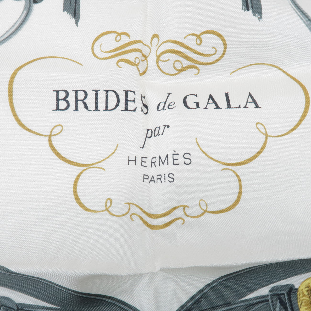HERMES Carre 90 Silk 100% Scarf BRIDES DE GALA Gray Gold Red