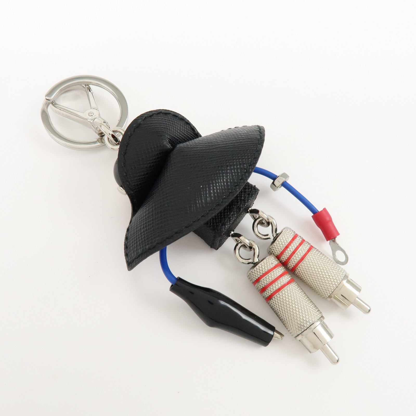 PRADA Triangle Logo Metal Saffiano Leather Bag Key Charm Black Red
