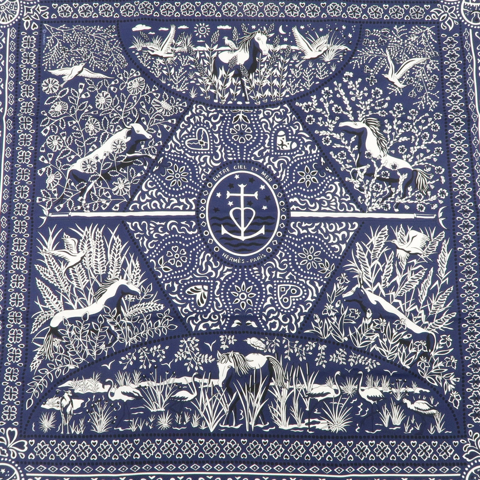 HERMES Carre 55 Silk 100% Scarf Entre Ciel et mer Navy Used