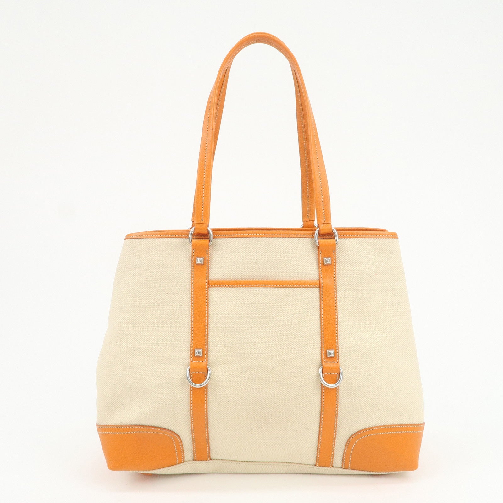 PRADA Triangle Logo Canvas Leather Tote Bag Natural Orange BR2920
