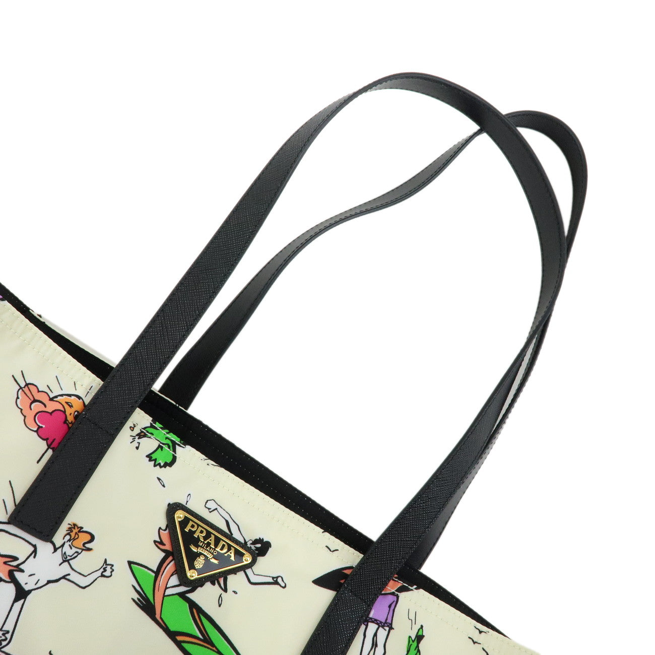 PRADA Triangle Logo Nylon Saffiano Leather Tote Bag Beige Black