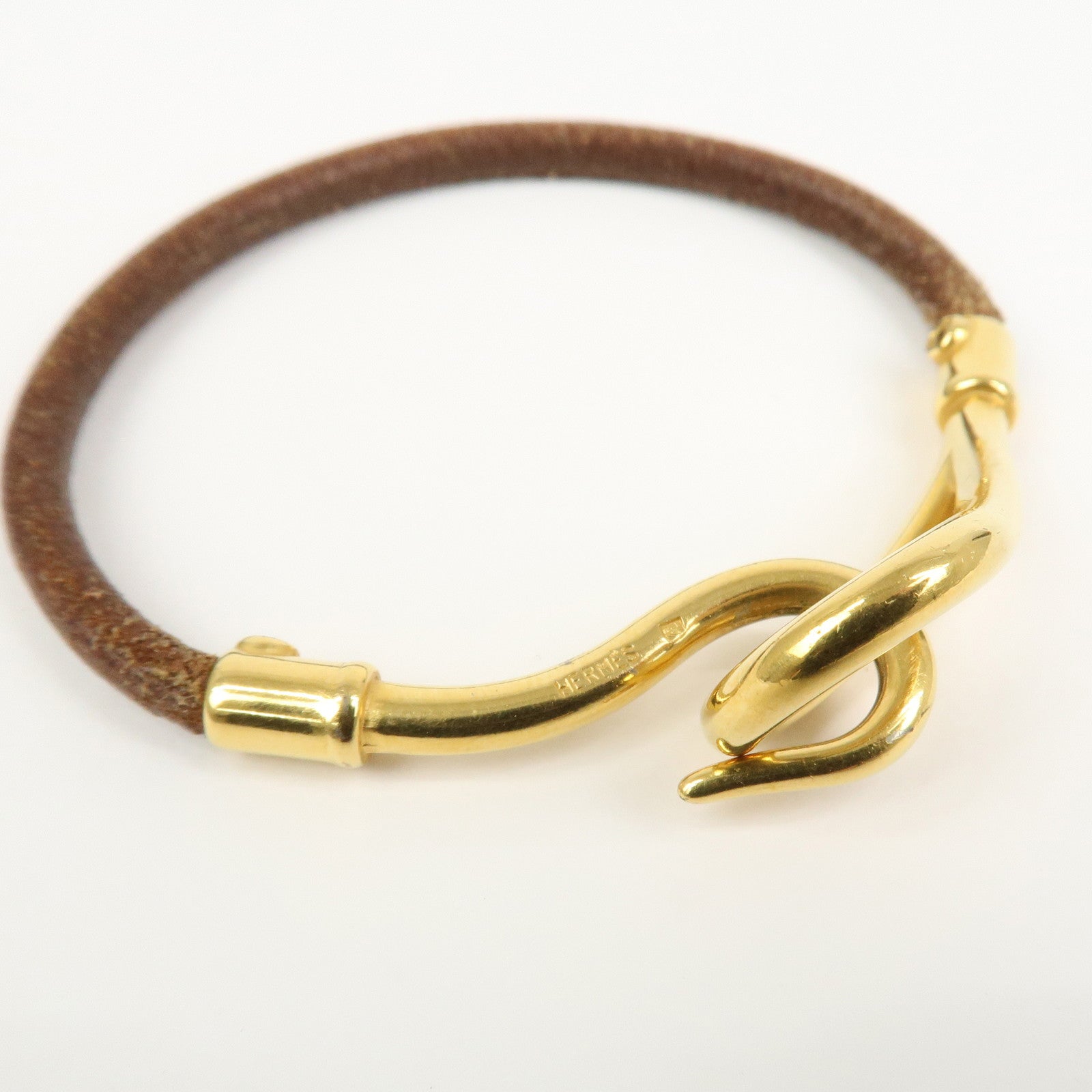 HERMES Jumbo Leather Metal Choker Bracelet Brown Gold