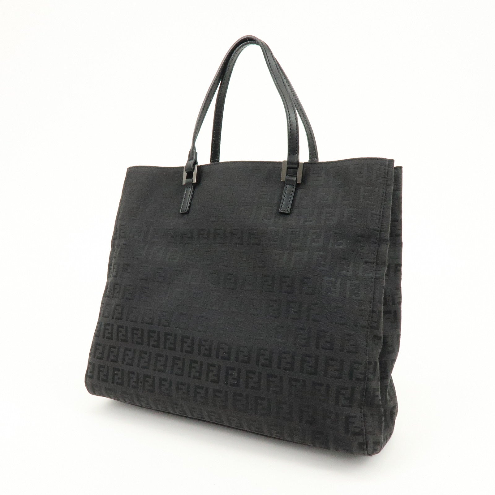 FENDI Zucchino Canvas Leather Tote Bag Shoulder Bag Black 8BH073