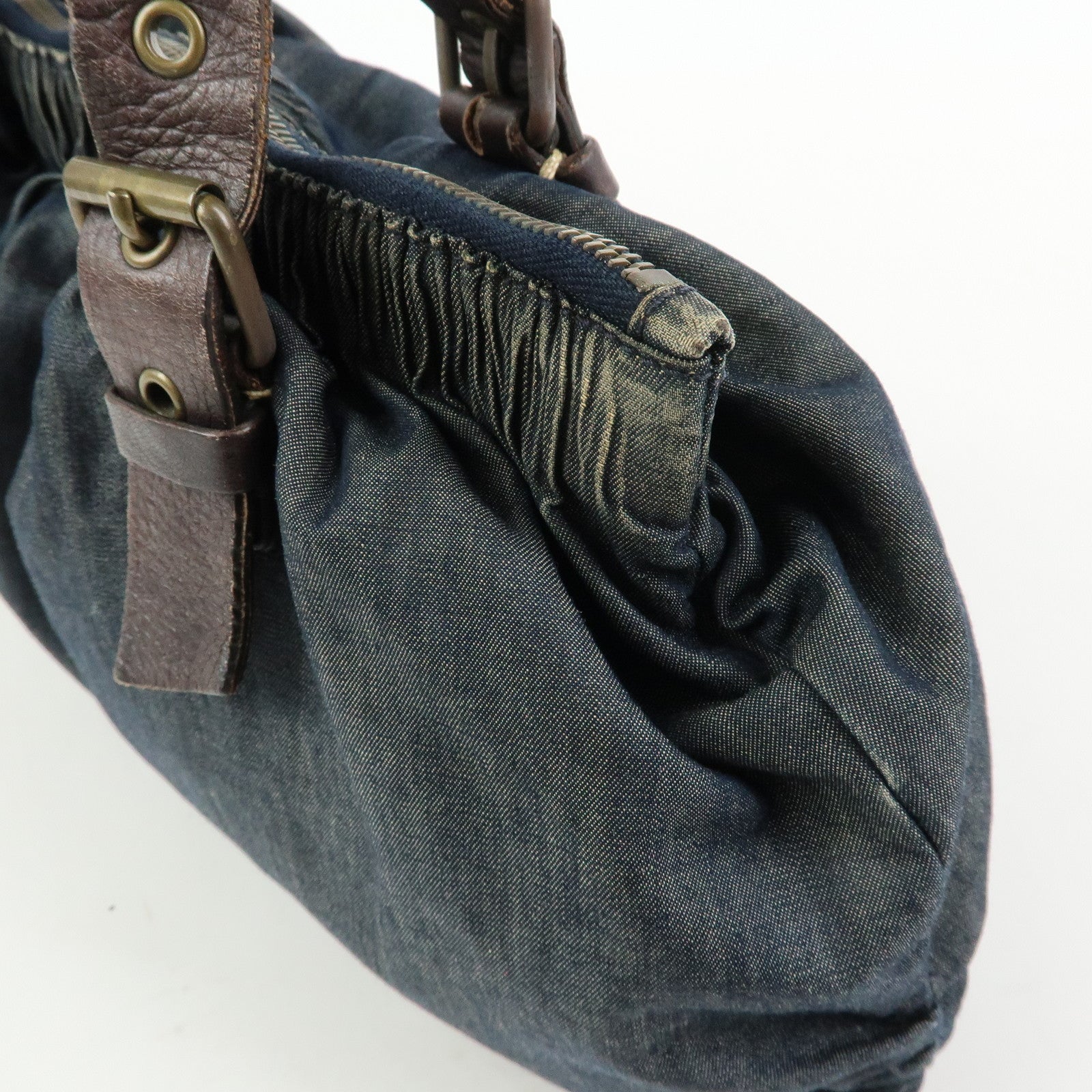 MIU MIU Denim Leather Shoulder Bag Hand Bag Indigo Blue Brown