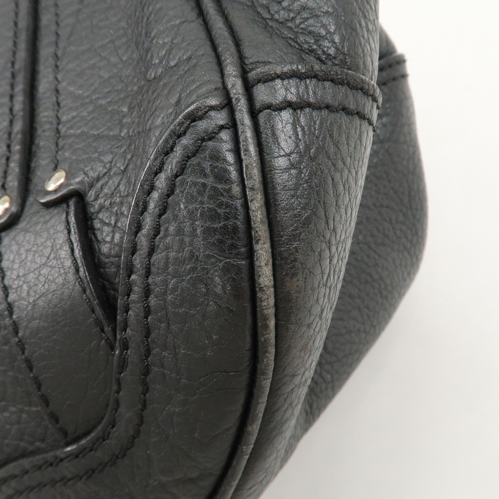 CELINE Leather Boston Bag Hand Bag Black Silver Hardware Used