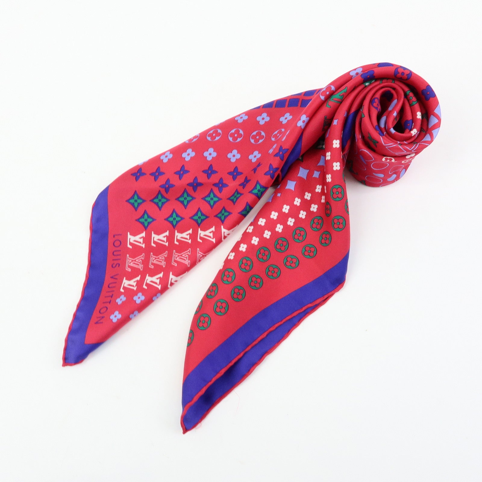 Louis Vuitton Monogram Silk 100% Scarf Geometric Pattern Pink Blue