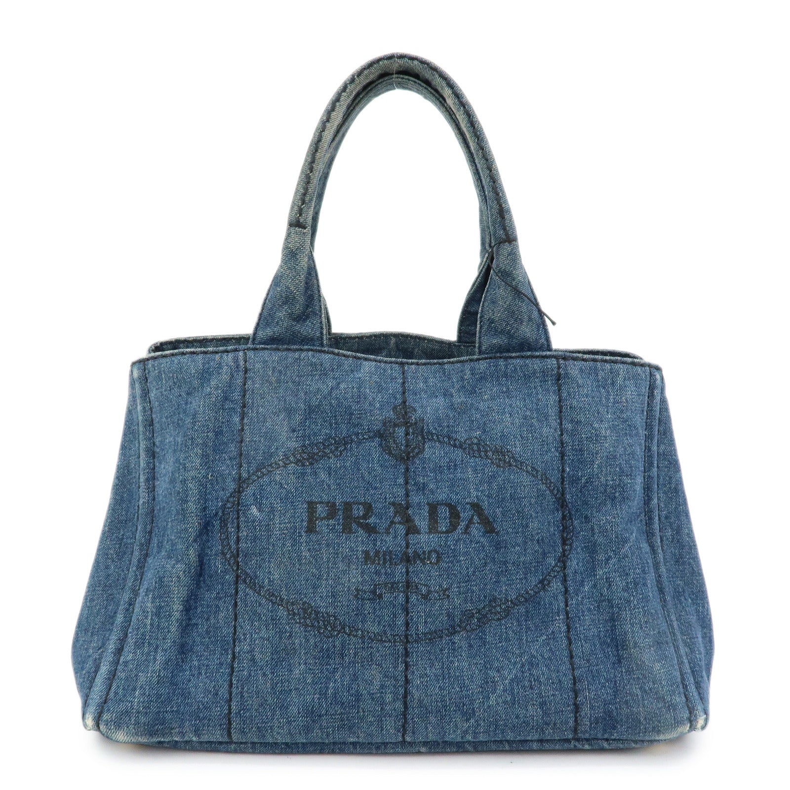 PRADA Logo Canapa Canvas Denim Tote Bag Hand Bag B1877B