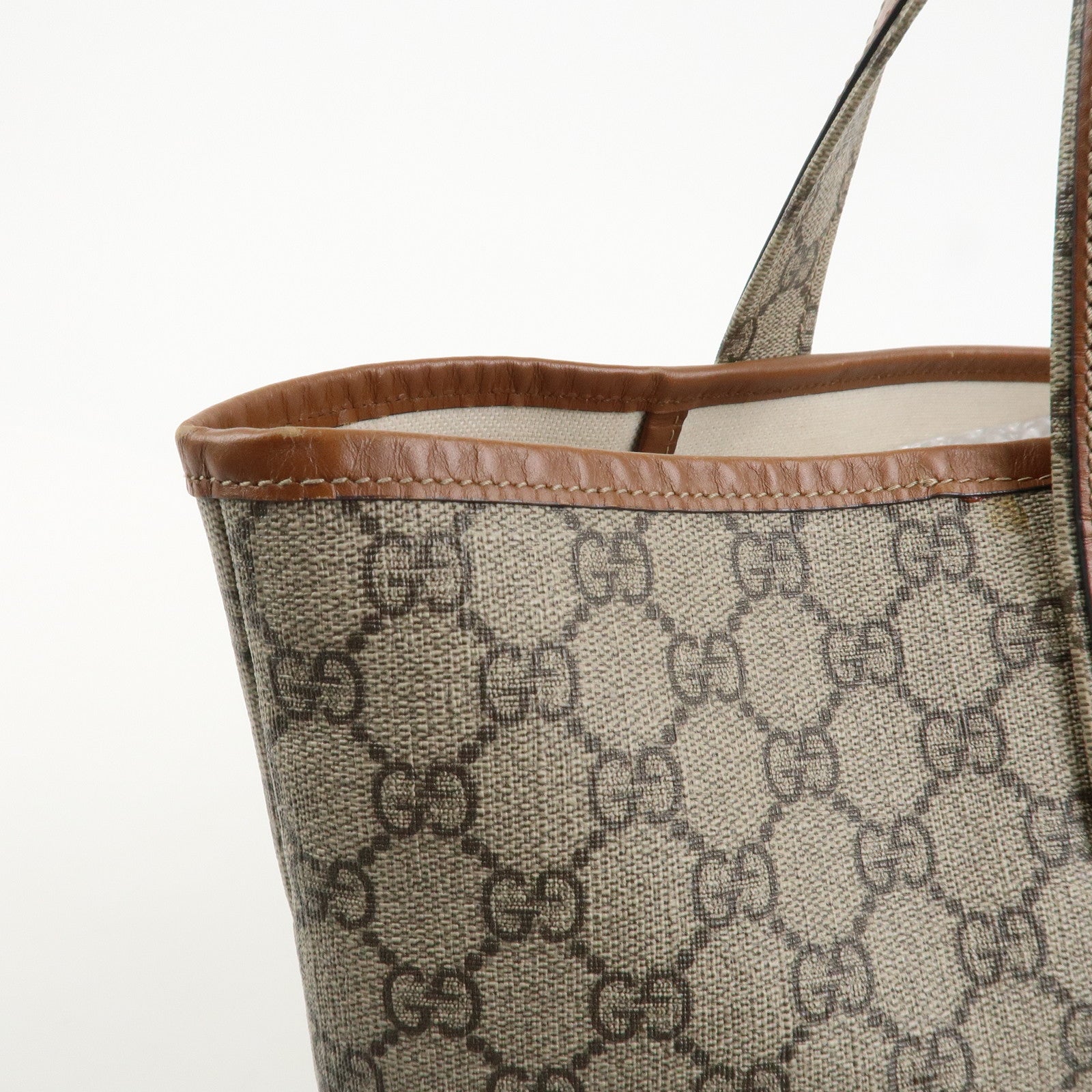 GUCCI GG Supreme Sherry Leather Tote Bag Beige Brown 211134