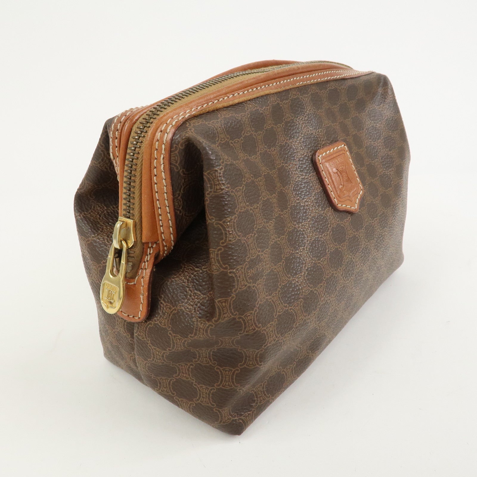 CELINE Macadam PVC Canvas Leather Cosmetic Pouch Brown