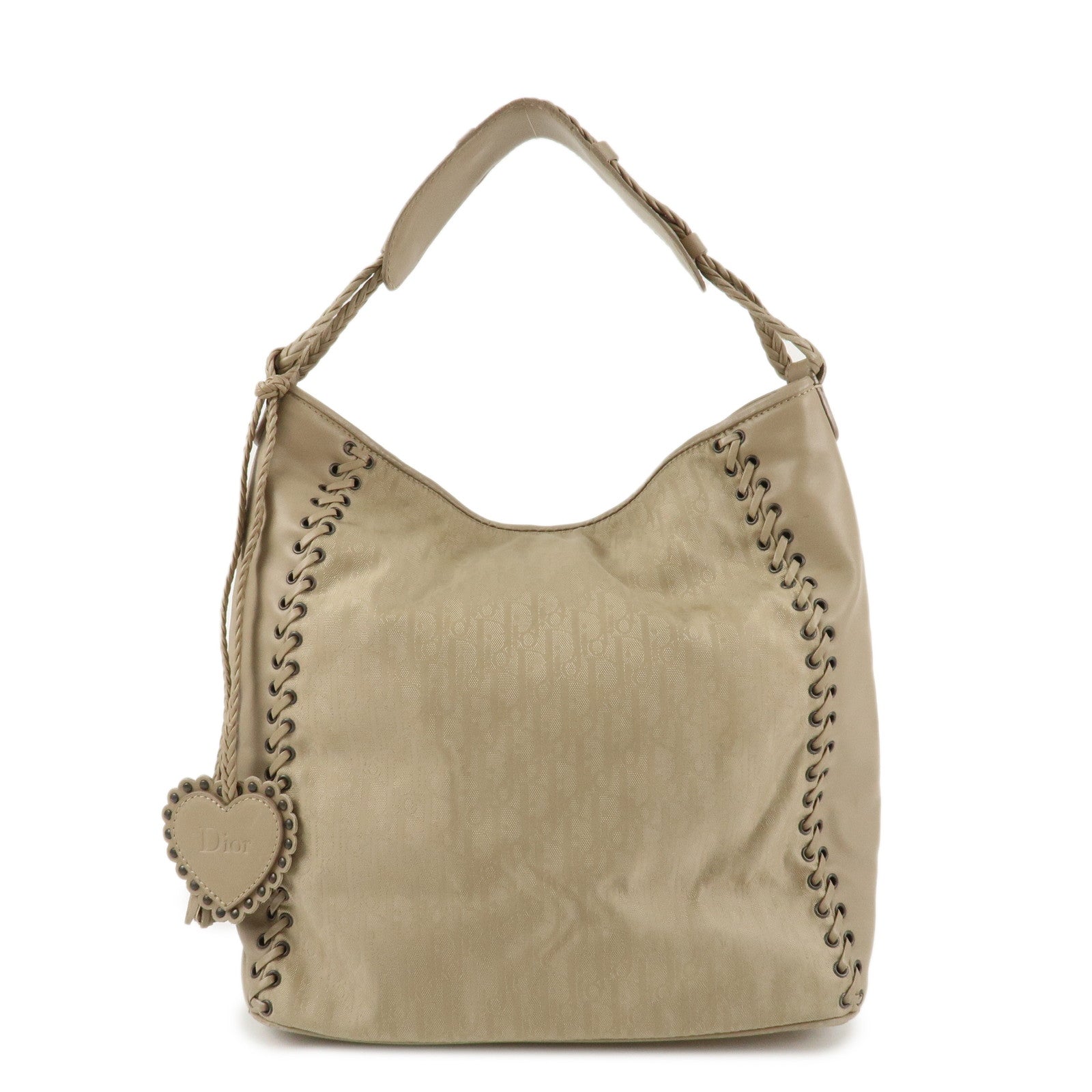 Christian Dior Trotter Canvas Leather Shoulder Bag Heart Charm Beige Used