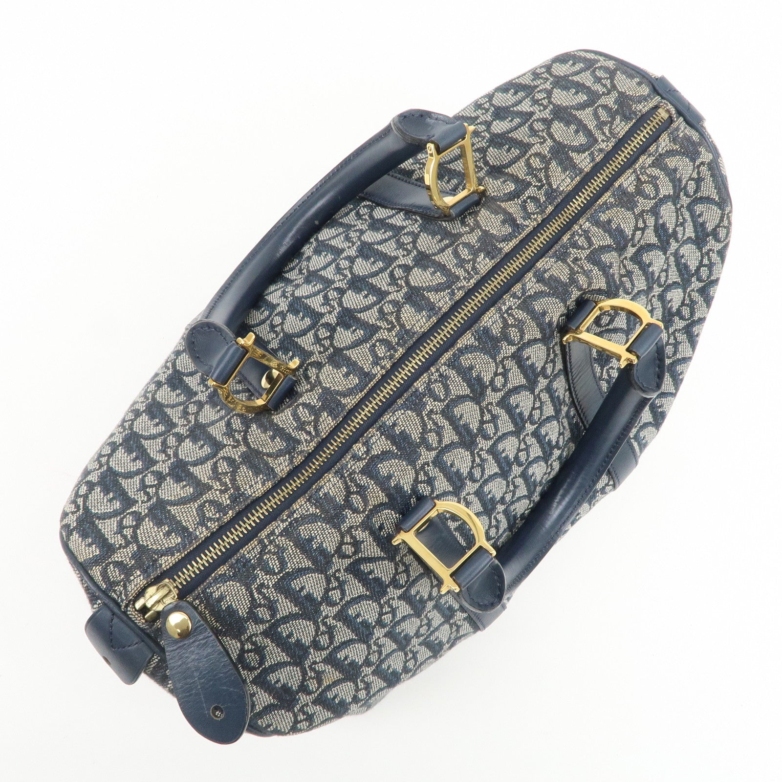 Christian Dior Trotter Jacquard Canvas Leather Boston Bag Navy