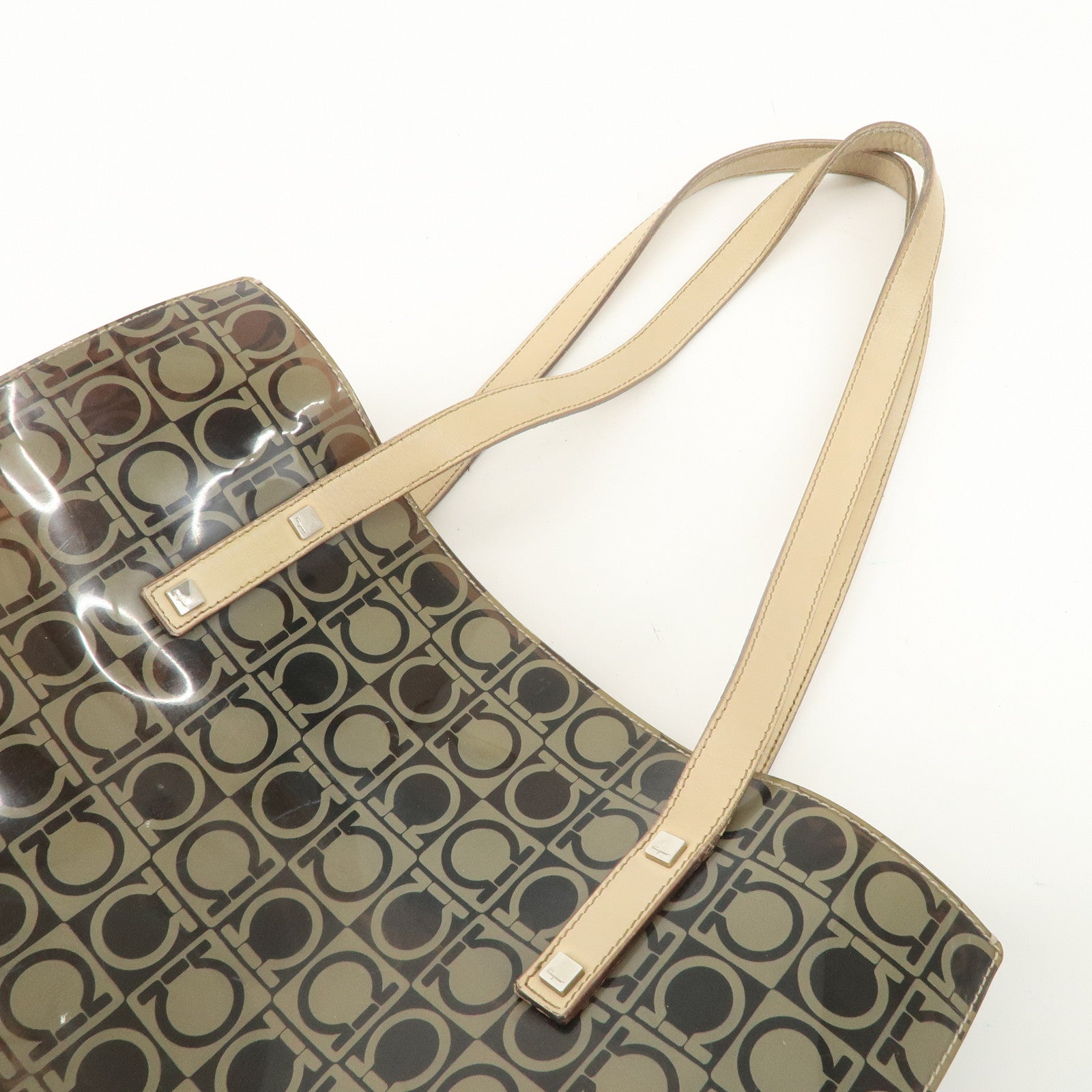 Ferragamo Gancini Vinyl Tote Bag Hand Bag Beige Khaki Silver HDW Used