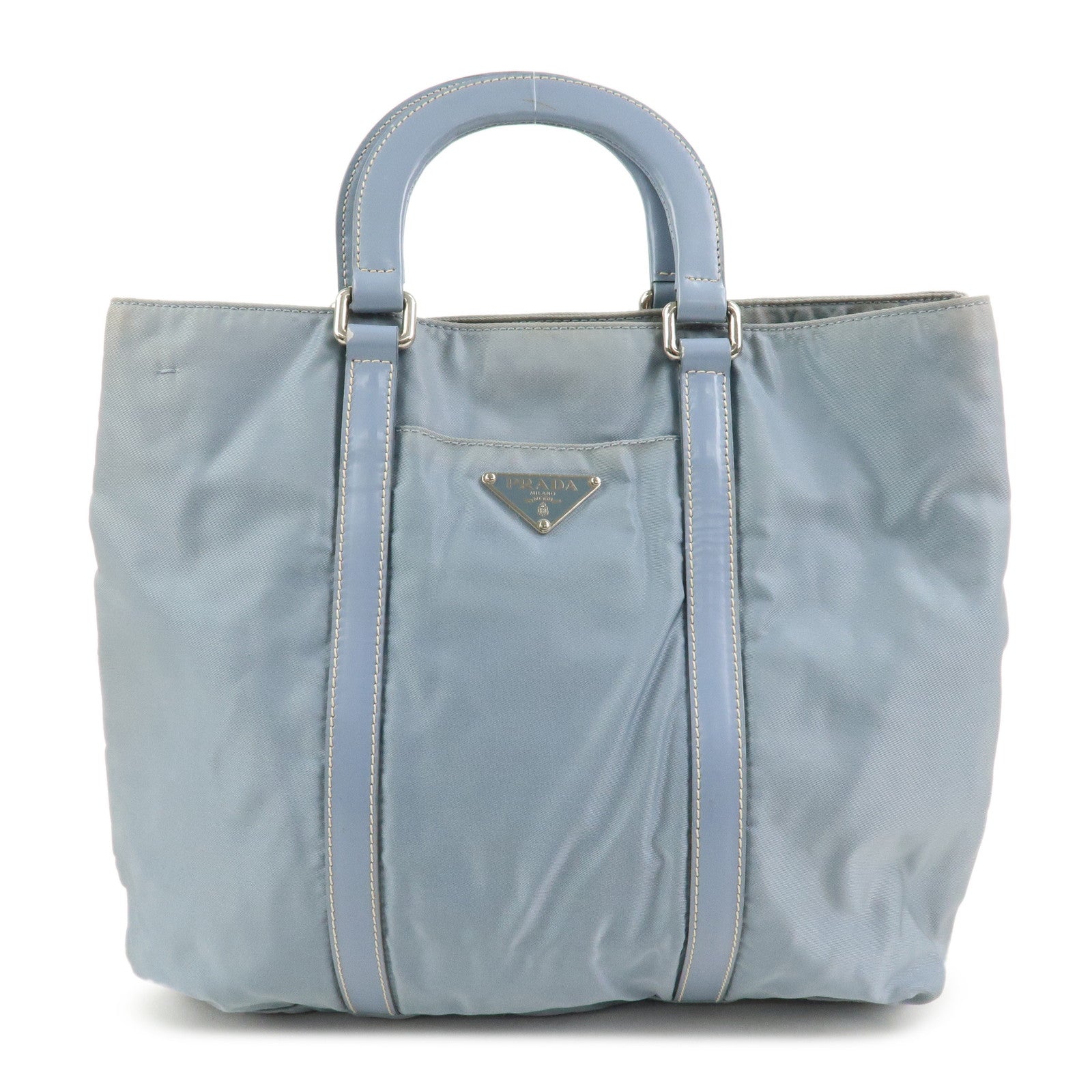 PRADA Triangle Logo Nylon Leather Hand Bag Light Blue