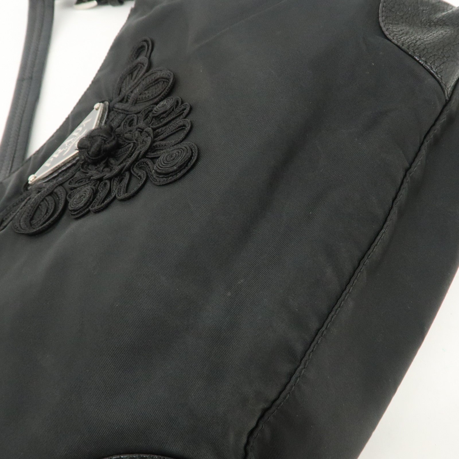 PRADA Triangle Logo Leather Nylon Shoulder Bag Hand Bag Black Used
