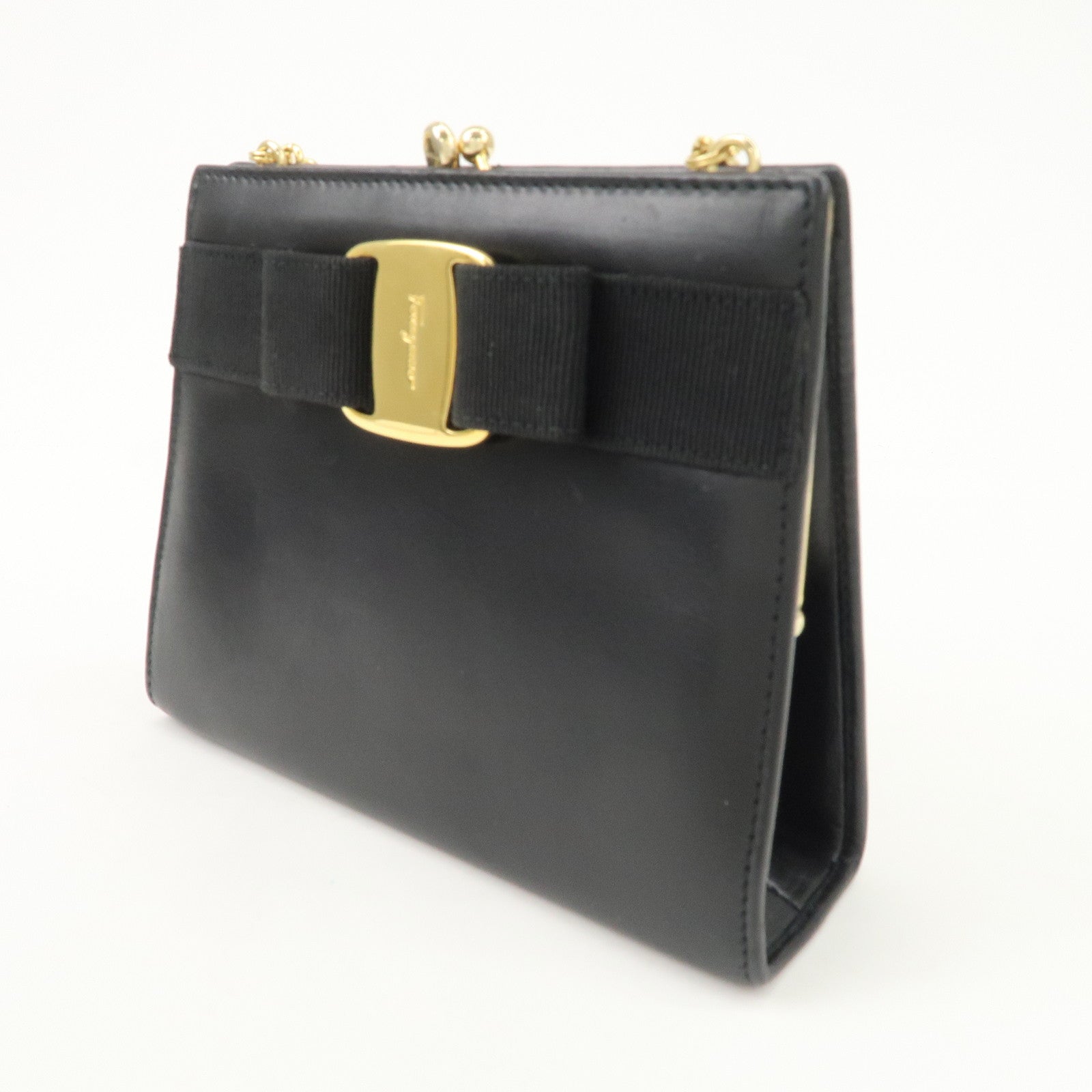 Ferragamo Vara Leather Ribbon Mini Chain Shoulder Bag Black Used