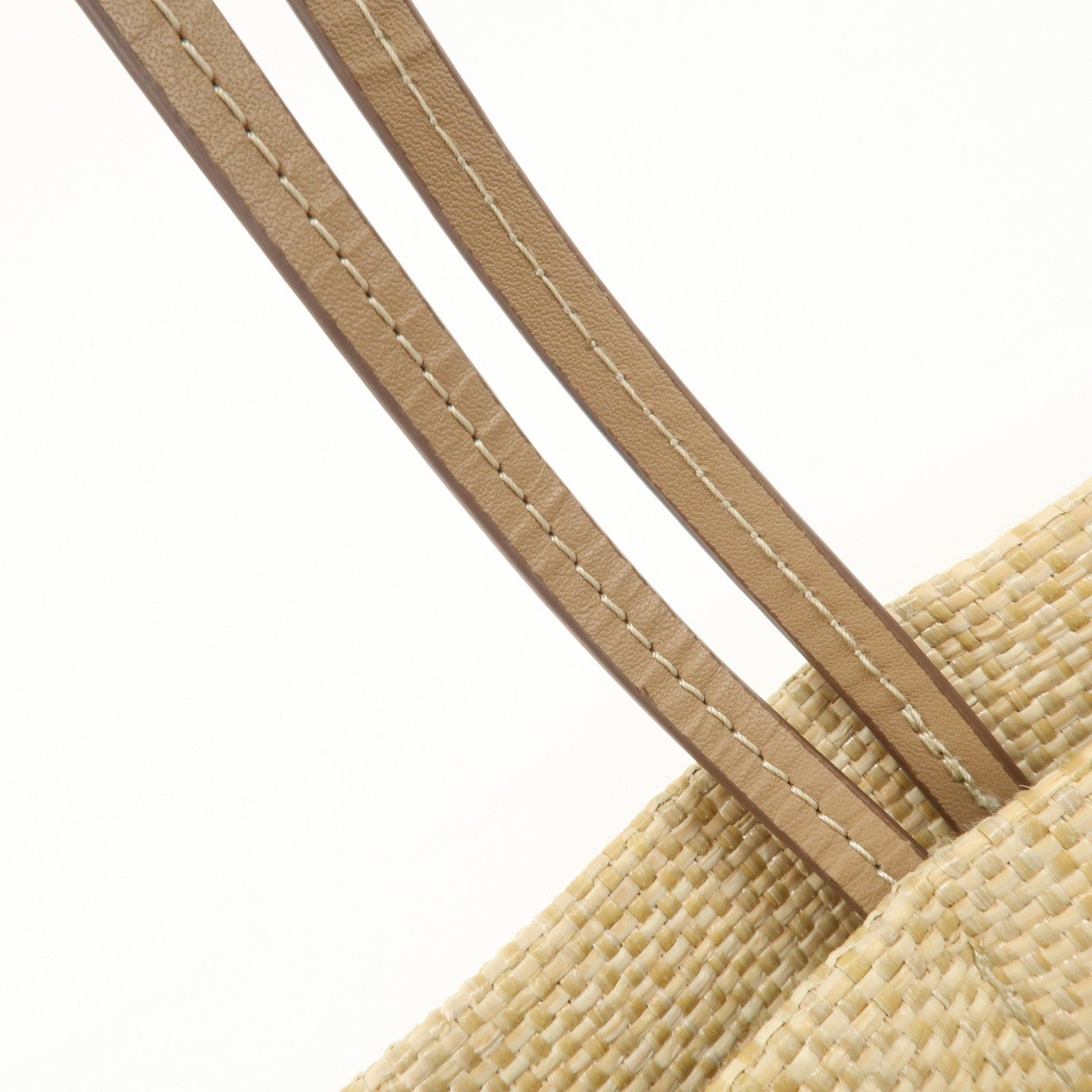 PRADA Leather Raffia Straw Tote Bag Shoulder Bag Beige Used