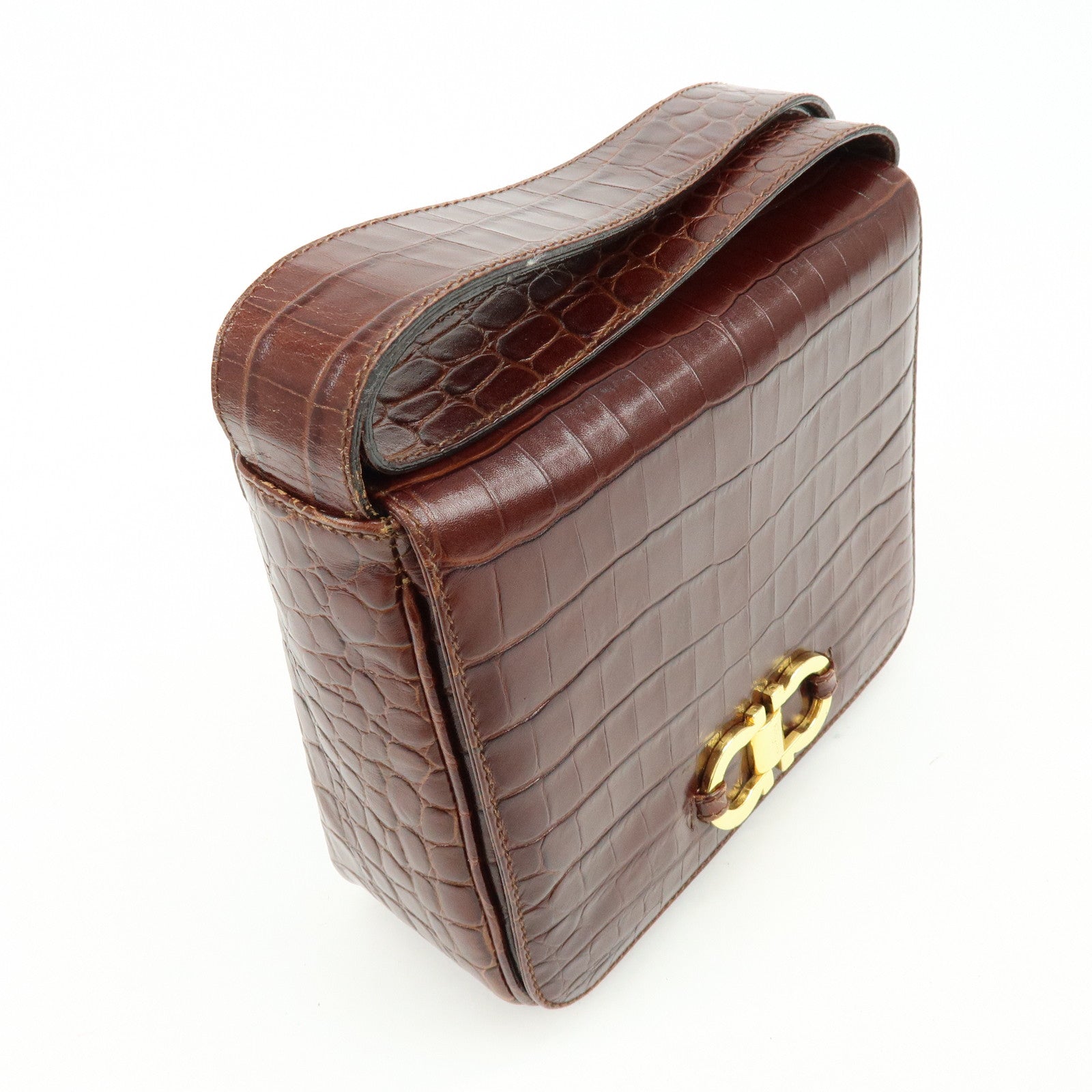Ferragamo Gancini Embossed Leather Shoulder Bag Crossbody Bag Brown