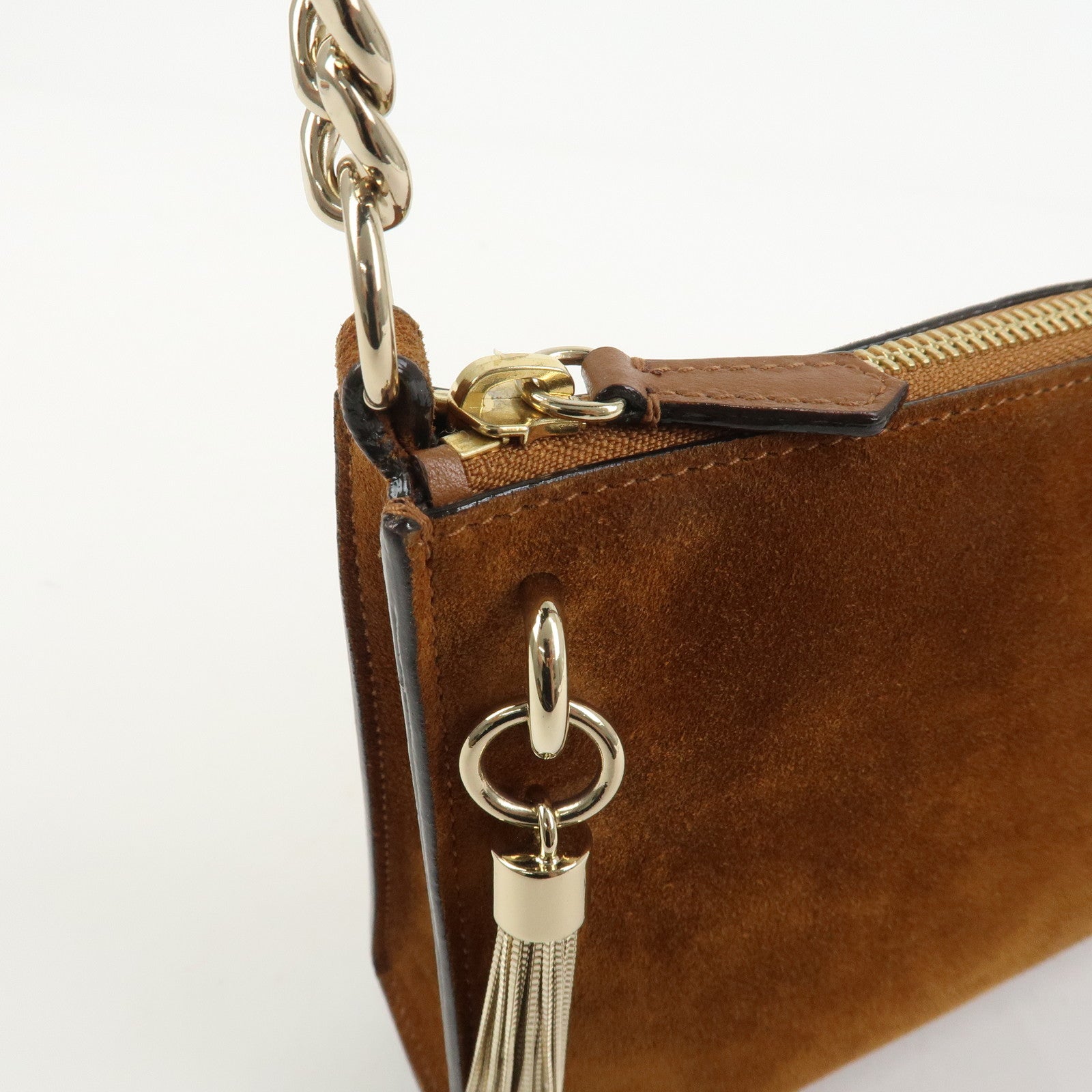 JIMMY CHOO Suede Leather Chain Shoulder Bag Hand Bag Brown