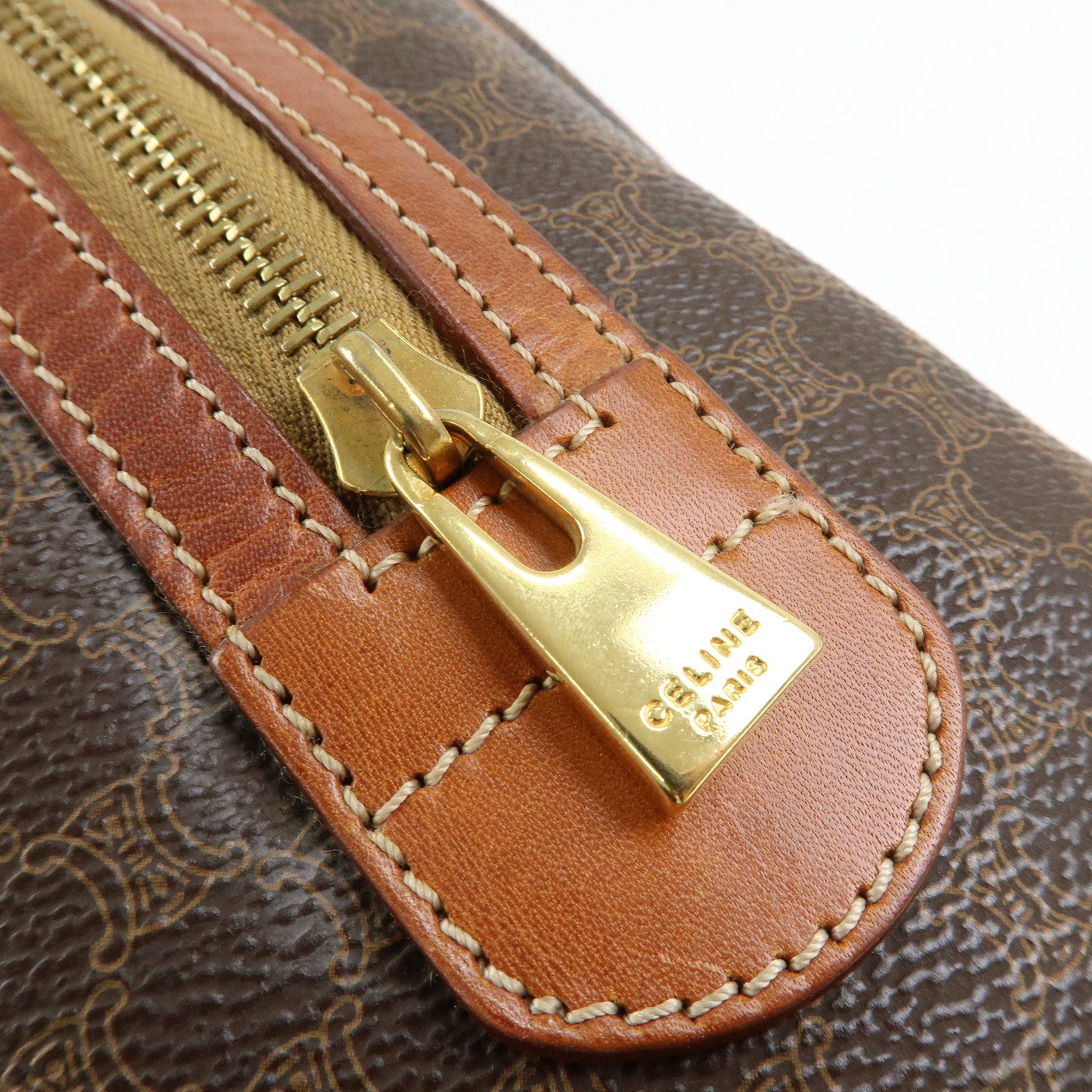 CELINE Logo Macadam PVC Leather Boston Bag Hand Bag Brown