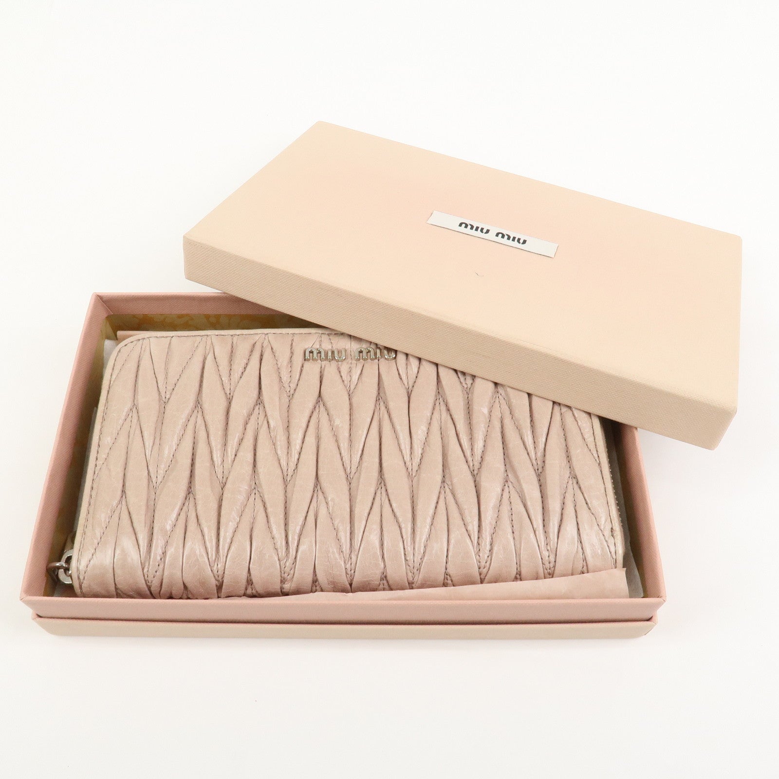 MIU MIU Matelasse Leather Round Zipper Long Wallet Beige 5M0506