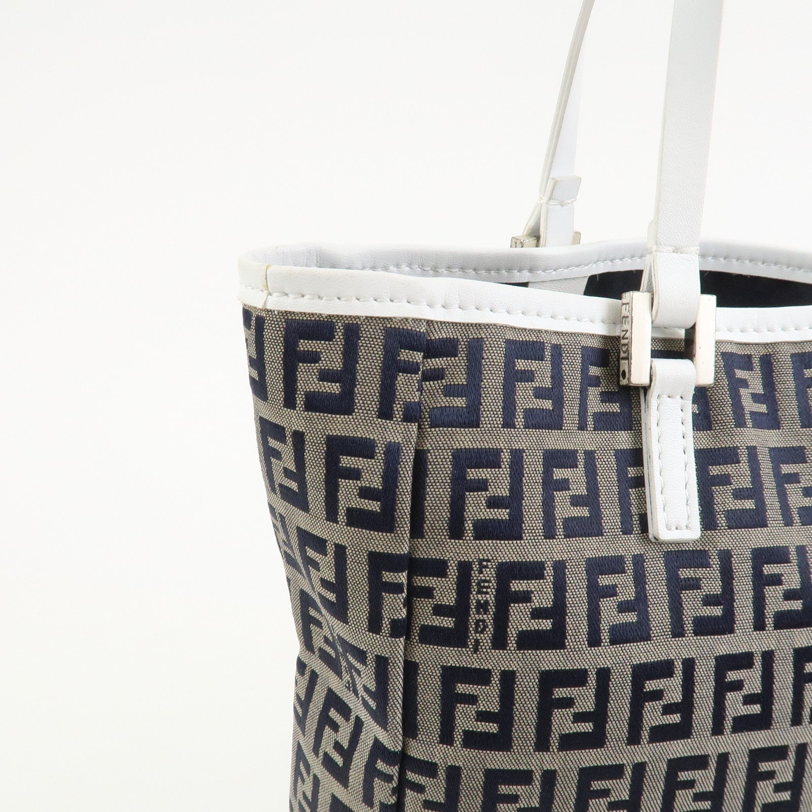 FENDI Zucchino Canvas Leather Tote Bag Hand Bag Navy 8BH006