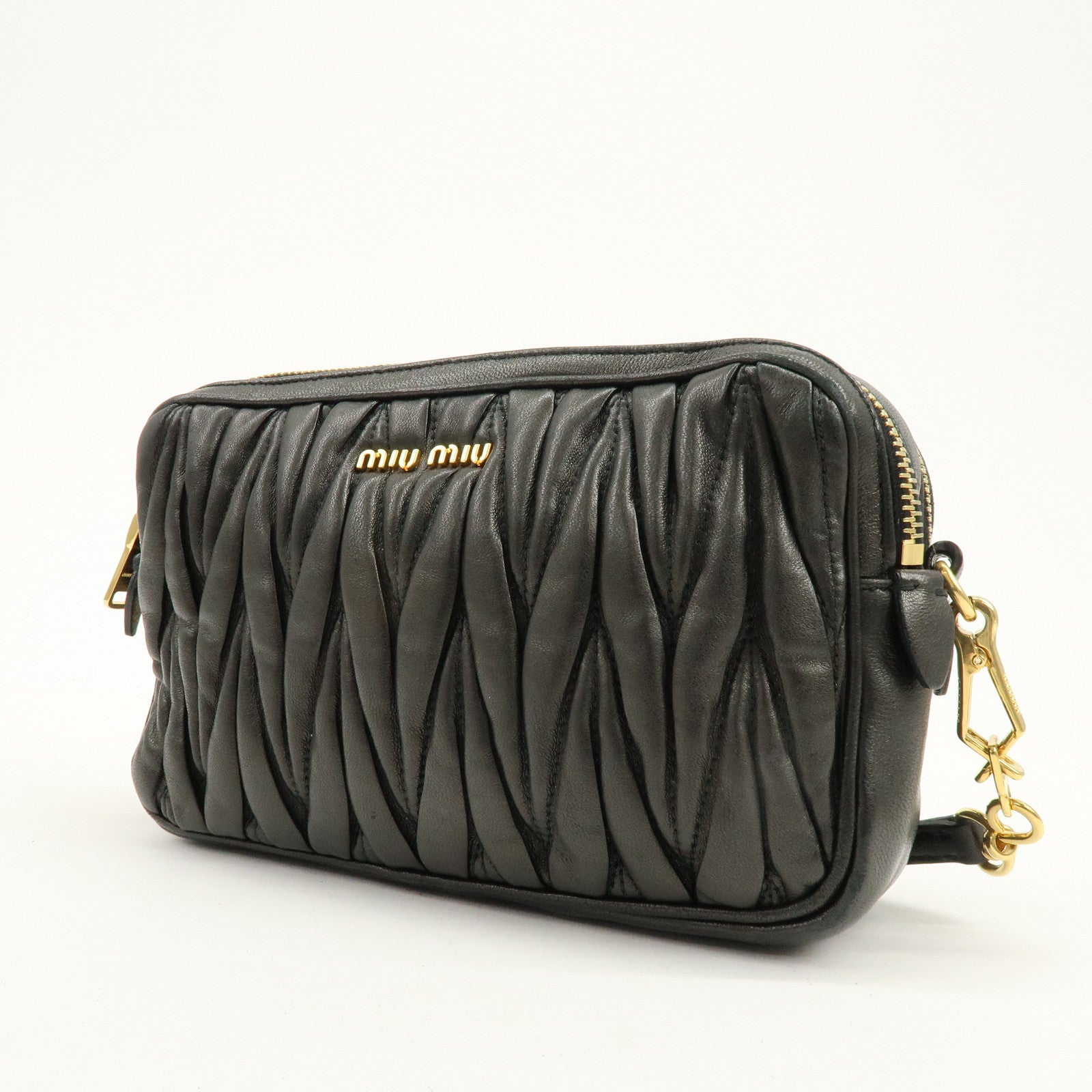 MIU MIU Matelasse Gathered Leather Shoulder Bag Crossbody Bag Black