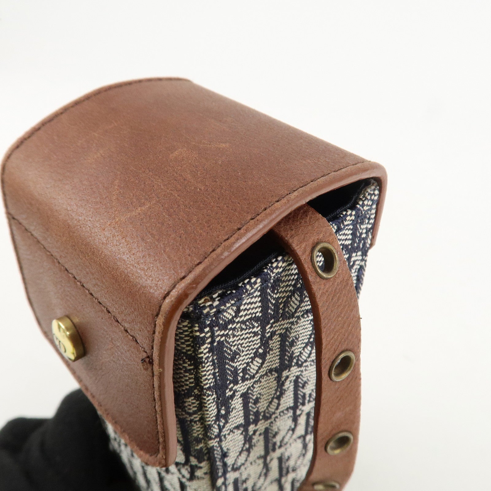 Christian Dior Trotter Canvas Leather Shoulder Bag Navy Brown Used