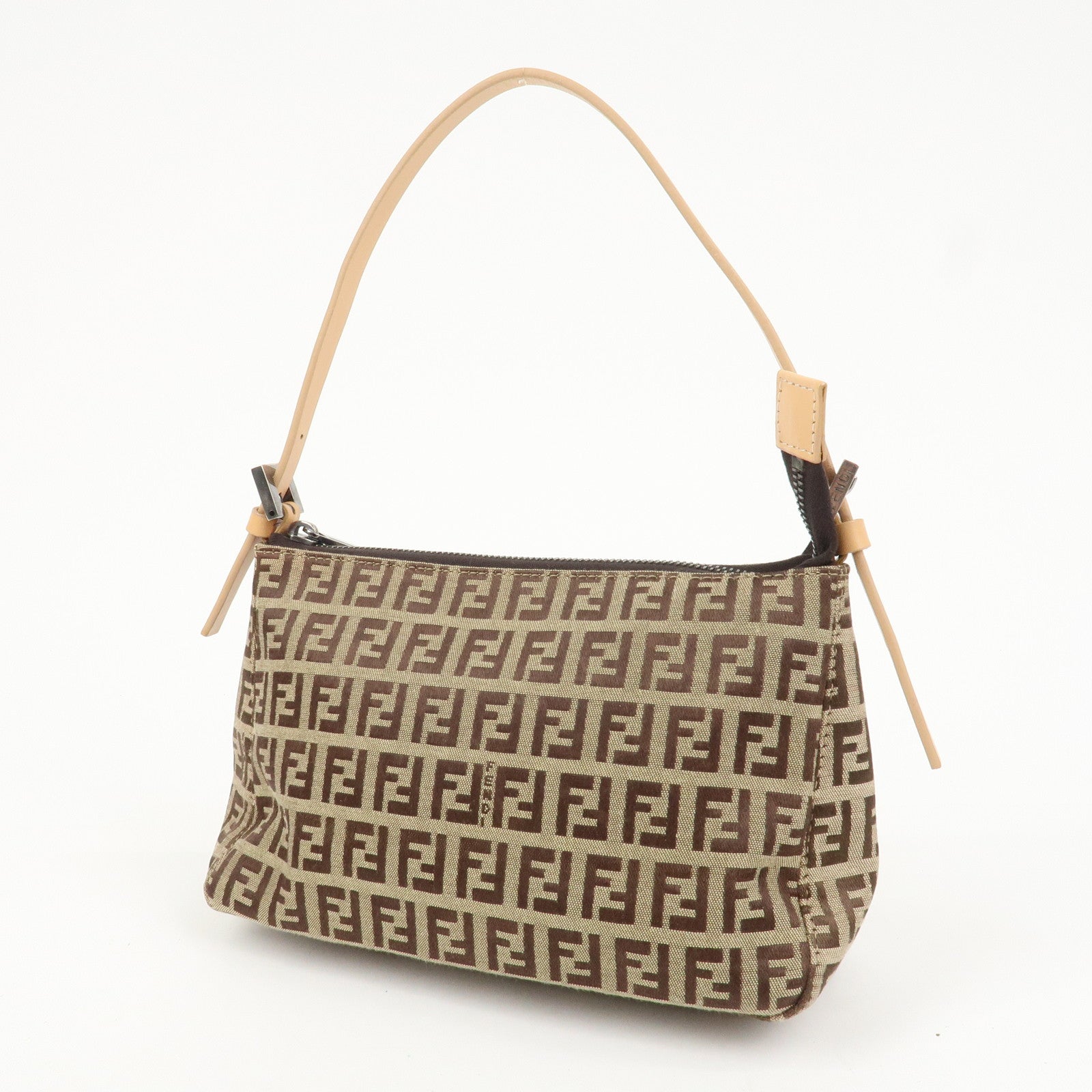 FENDI Zucchino Canvas Leather Shoulder Bag Hand Bag Brown 8BR156