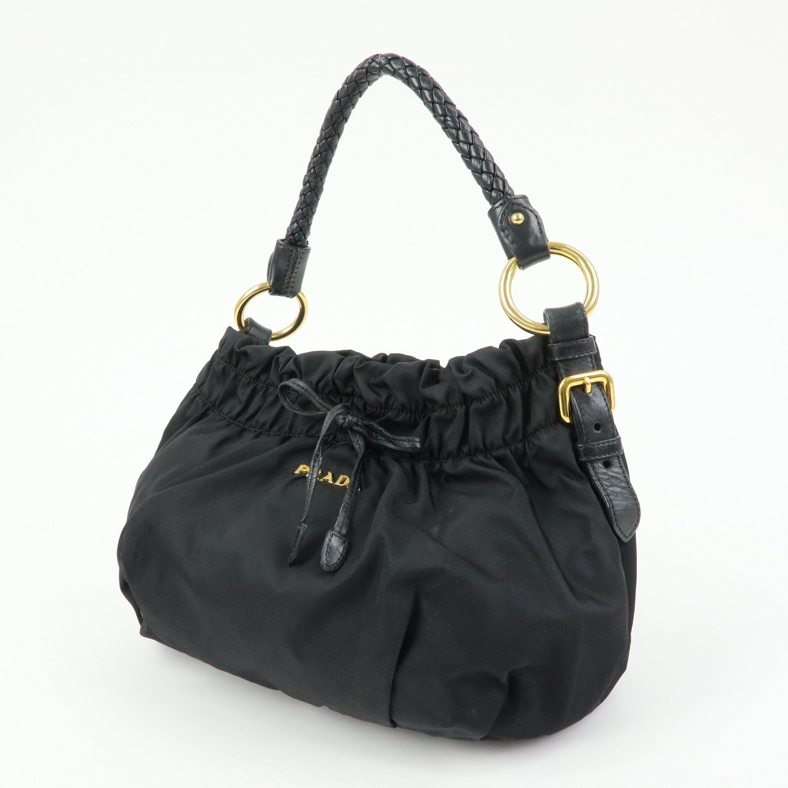 PRADA Ribbon Nylon Leather Shoulder Bag Hand Bag Black