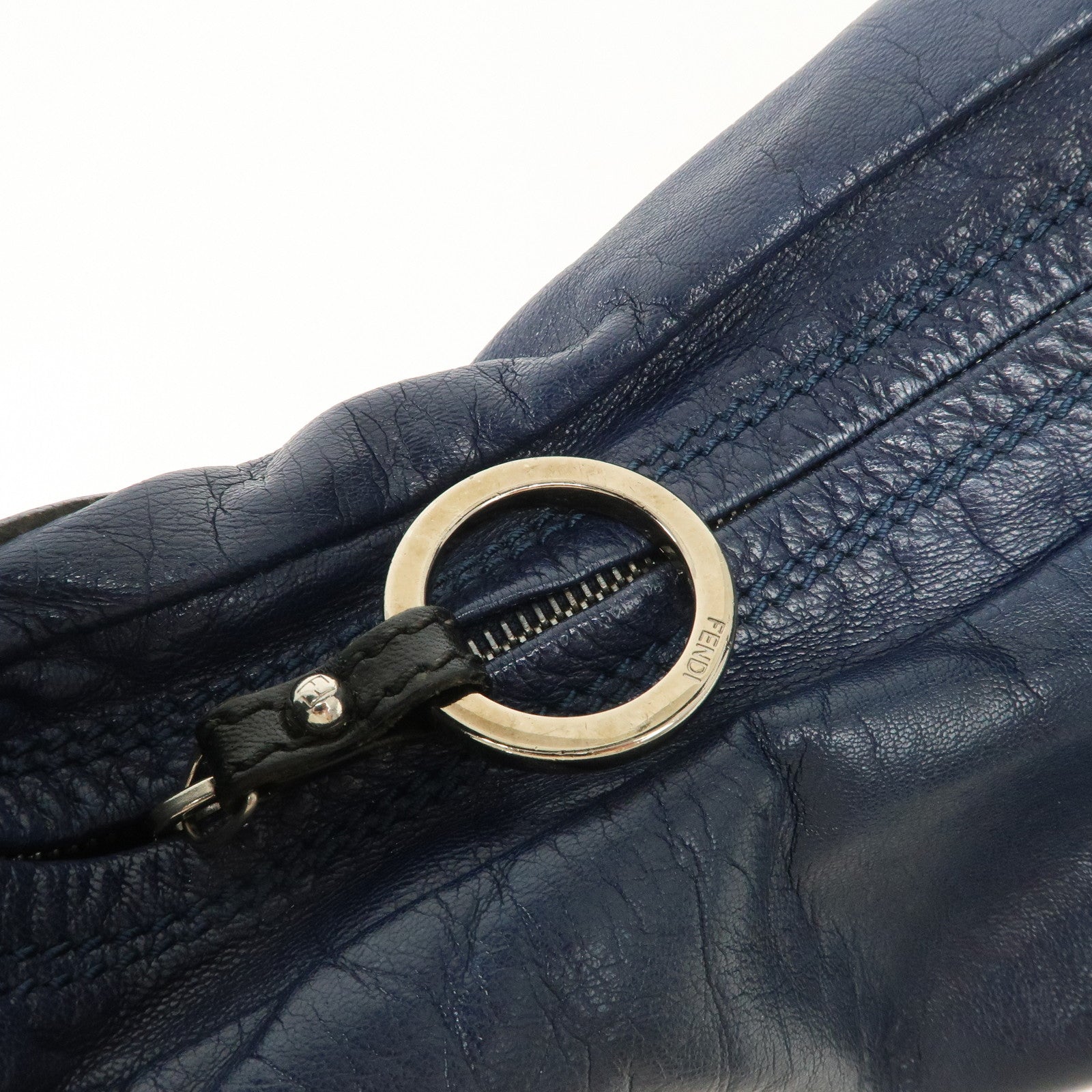 FENDI Leather Shoulder Bag Navy Black Silver HDW 8BR293 Used