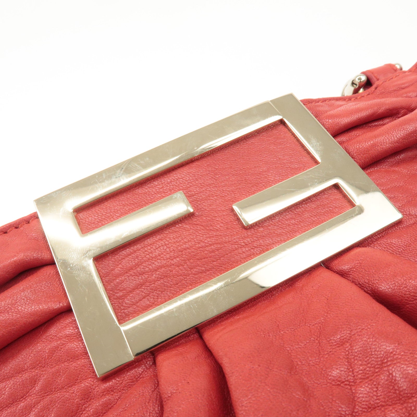 FENDI Leather Mia Chain Shoulder Bag Red Gold Hardware 8BR615 Used