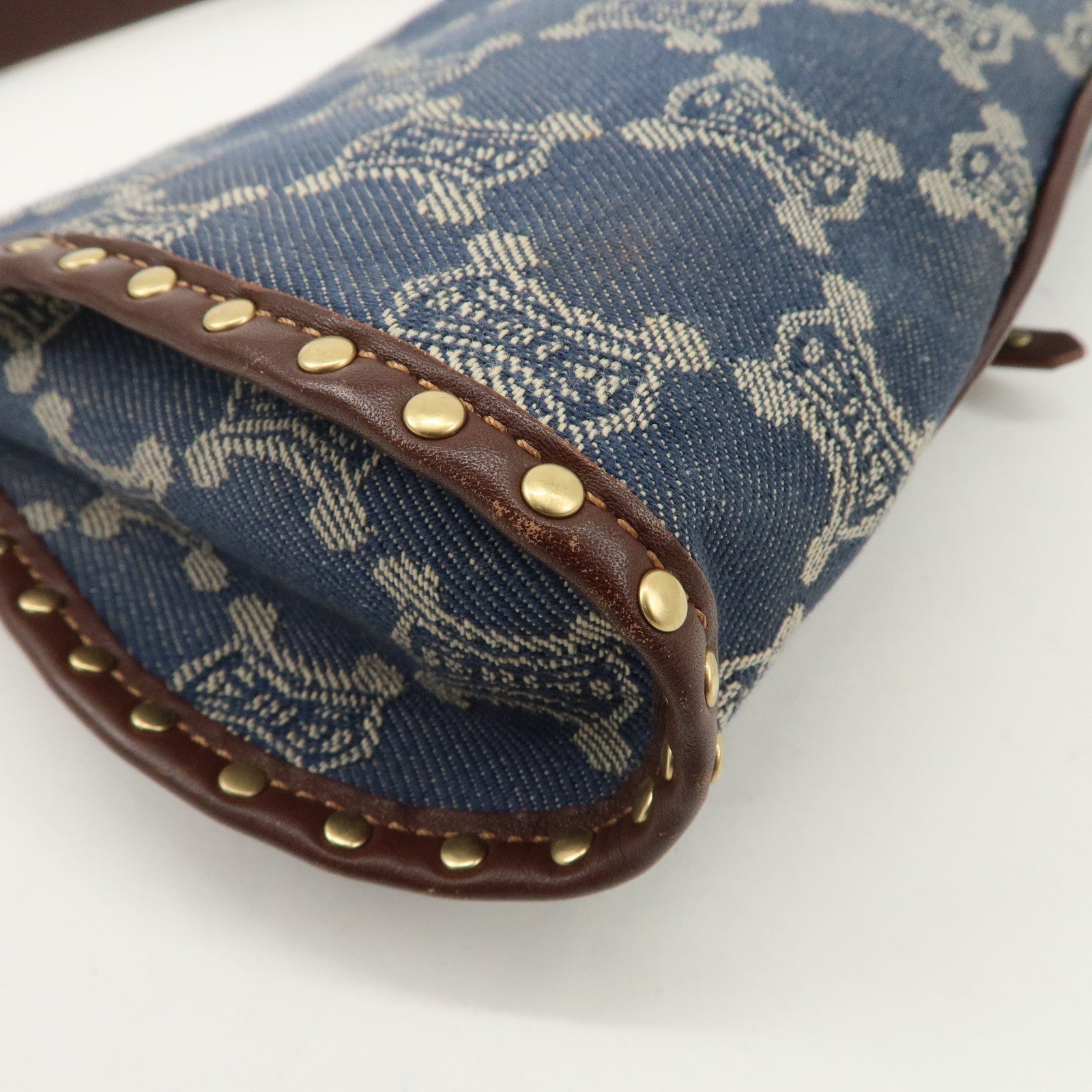 CELINE Macadam Studs Denim Leather Shoulder Bag Dark Brown Navy Used